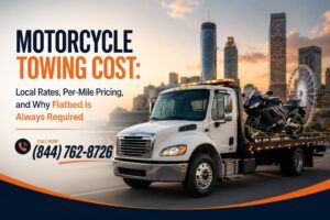 Towing a motorcycle costs $75 to $150 locally and $4 to $7 per mile for longer hauls. Flatbed service is always required to protect your bike. Call (470) 785-3743.